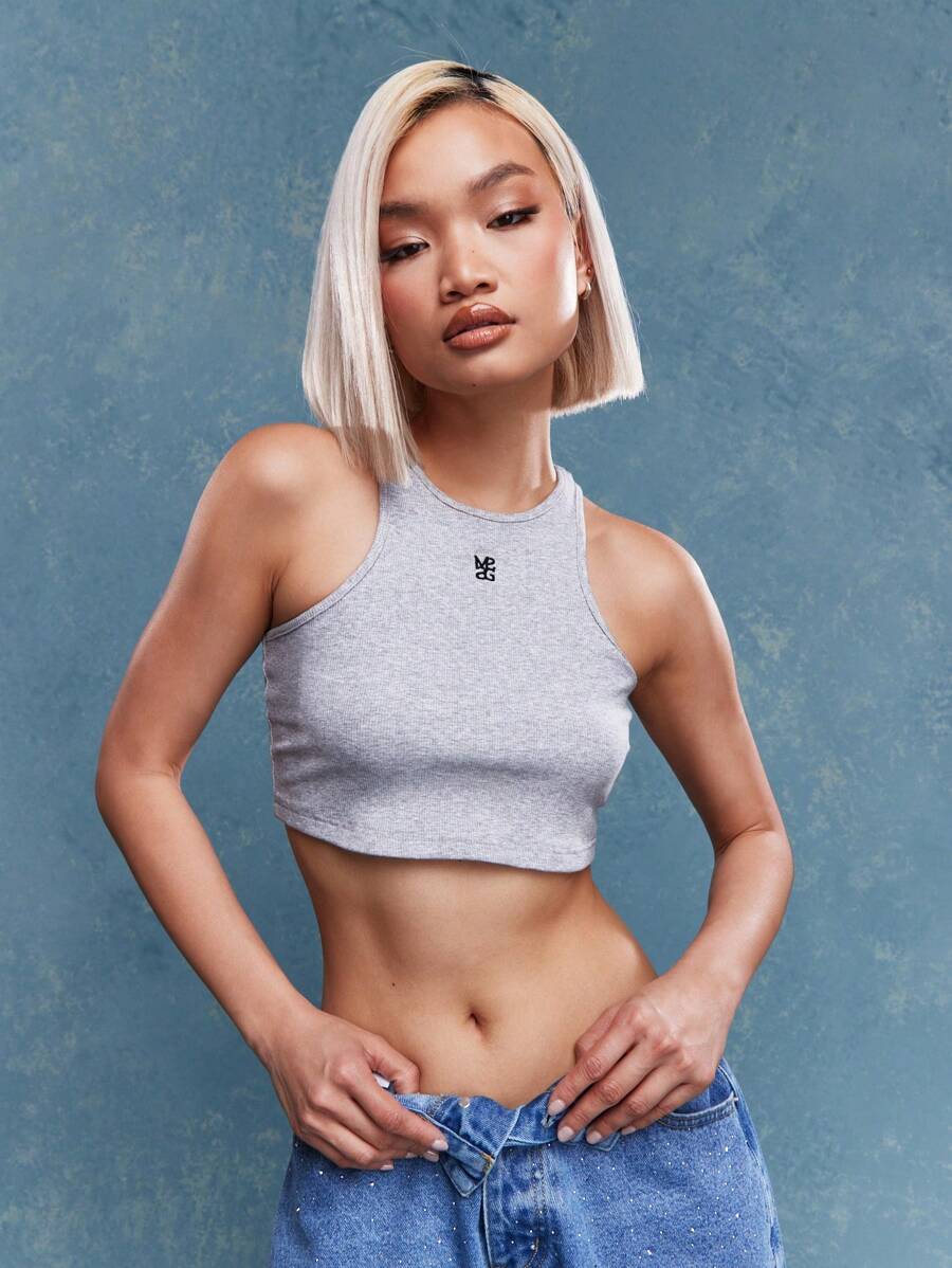 MISSGUIDED Embroidered Logo Ribbed Crop Tank Top｜MISSGUIDED