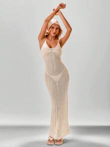Aloruh Ladies' Knitted Hollow Out Beach Dress In Apricot Color, Deep V Neckline & Gathered Waistband For Resort Vacation - Apricot - View 5