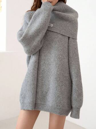 Women's Solid Color Casual Loose Long Sleeve Pullover Sweater, Suitable For Winter