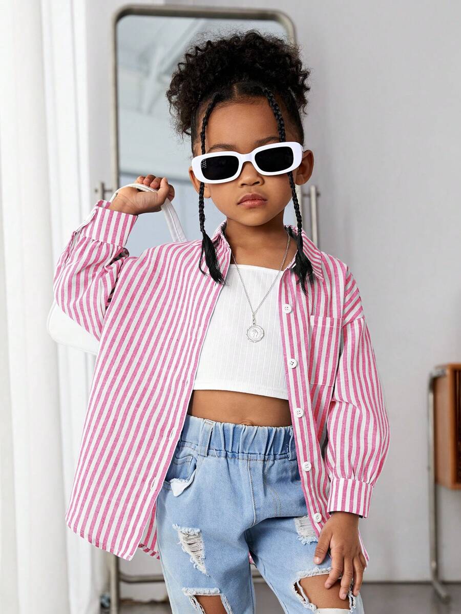 Young Girl Sparkle Striped Loose Fit Woven Long Sleeve Shirt, Spring - Pink - View 1
