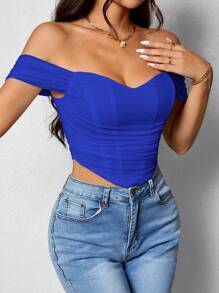 SHEIN PETITE 女士純色簡約時尚露肩上衣，日常穿搭必備 - 寶藍色 - 查看 3