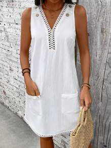EMERY ROSE Damen Sommerurlaub Lässig einfarbig ärmelloses Kleid mit doppelten Taschen - Weiss - Übersicht 6