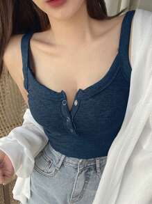 Joudiya 女式夏季纯色纽扣前开背心学院风上衣 - 藏蓝色 - 查看 3