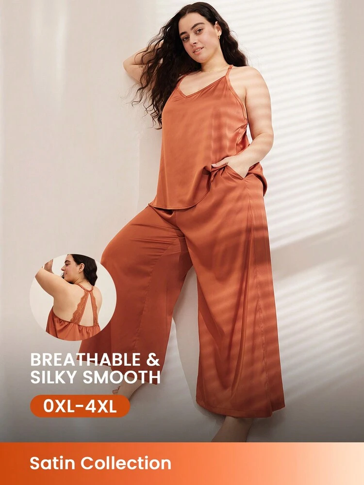 Conjunto de Camisola e Calcinha Plus Size de Cetim com Decote Nas Costas e Renda, Conjunto de Pijama e Loungewear, Lingerie para Uso Externo