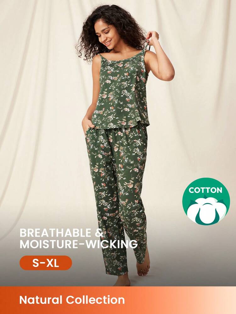 Conjunto de pijama de mujer de pantalón y camiseta de tirantes de algodón suave con estampado floral pequeño, conjunto de lencería y ropa de estar en casa