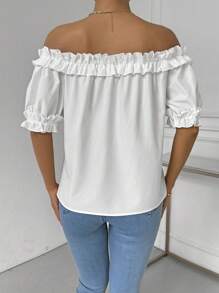 SHEIN LUNE 女士纯色简约日常露肩衬衫，饰有荷叶边下摆 - 白色 - 查看 2