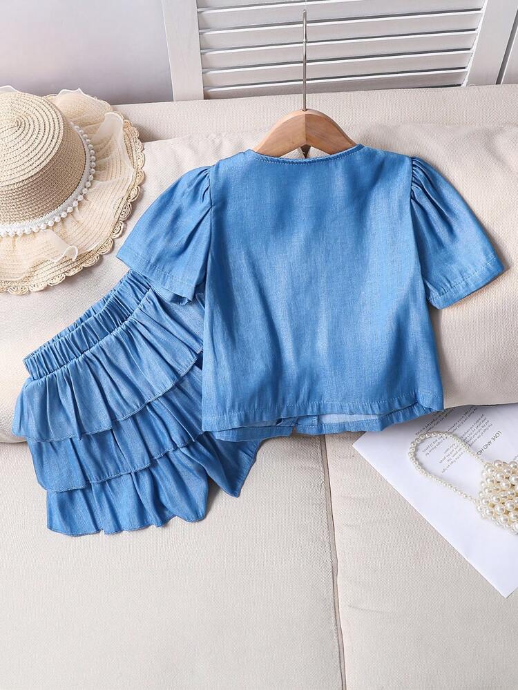 Elegant Denim Effect Round Neck Cardigan Shirt With Pockets, Studs, 3D Flowers, And Shorts 2pcs/Set For Young Girls, Suitable For Spring And Summer Outings