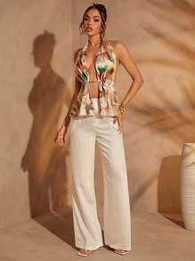 Hauture Print Halter Tie Backless Top