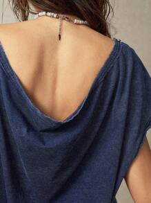 Bohemela Women's Summer Solid Color Round Neck Batwing Short Sleeve Casual T-Shirt For Vacation - Blue - View 6