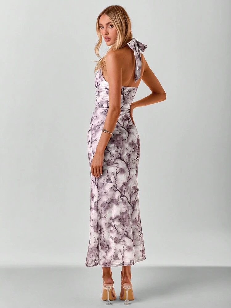 Summer Elegant Floral Printed Ruched Waist Backless Halter Neck Dress