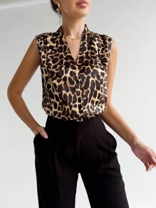SHEIN Privé Leopard Print Button Front Work Women Shirt Blouse