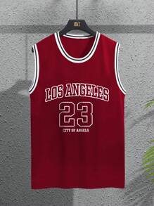 Manfinity Homme Men's Striped & Letter Print Round Neck Sleeveless Tank Top - Burgundy - View 3