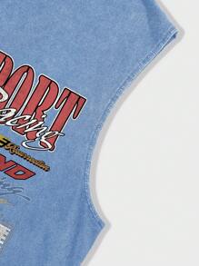 ROMWE MEN Street Life 男式赛车夏季字母印花圆领休闲混色背心，学校 - 藍色 - 查看 5