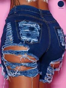 Ripped Skinny Women's Denim Shorts - Dark Wash - View 1