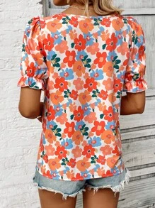 Breezaya Camisa floreada de manga abullonada y cuello ancho para mujer, holgada para vacaciones - Multicolor - Ver 2