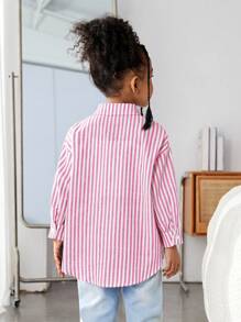 Young Girl Sparkle Striped Loose Fit Woven Long Sleeve Shirt, Spring - Pink - View 2