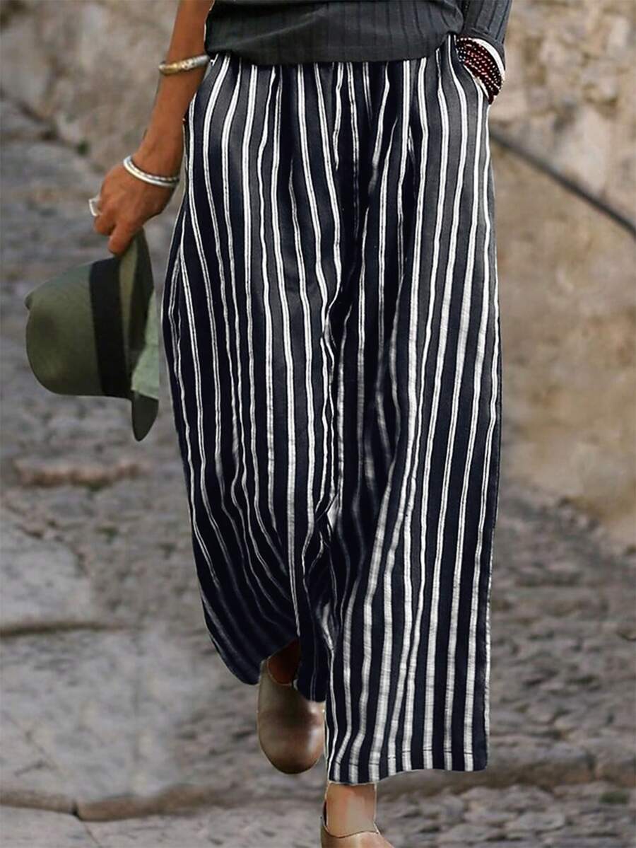 Ladies' Casual Striped Pants (Non-Positioned Print) - Black - View 1