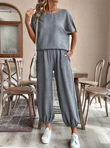 SHEIN LUNE Damen Sommer Outfit aus loser Leinen Bluse und Haremshose Zweiteiler - Grau - Übersicht 5