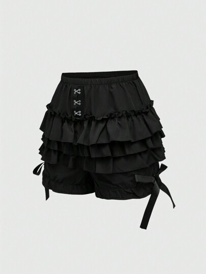 Gothic Style Girl's Cute Triple-Layered Frill Hem Pumpkin Shorts With Bowknot Decor For Women, School