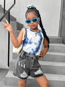 SHEIN Explorewe 2pcs Tween Girl Street Style Shorts And Top Outfit - Grey - View 6