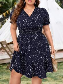 SHEIN CURVE+ Plus Polka Dot Print Shirred Waist Dress - Navy Blue - View 1