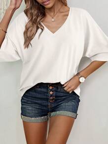 SHEIN LUNE تي شيرت تيشيرت كاجوال فضفاض بأكمام الخفاش عنق على شكل V بلون صلب للنساء في الصيف - أبيض - مشاهدة 4