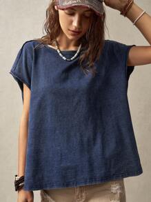 Bohemela Women's Summer Solid Color Round Neck Batwing Short Sleeve Casual T-Shirt For Vacation - Blue - View 5