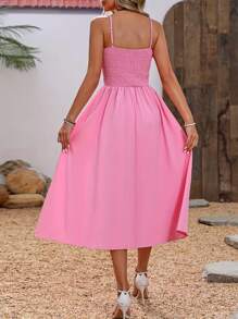 SHEIN Clasi Solid A-Line Cami Long Shirred Dress - Pink - View 2