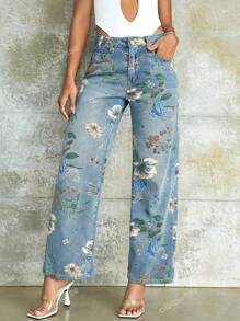 90s Vintage Floral Print High Waist Slant Pocket Wide Leg Jean Casual Street Hottie Outfit