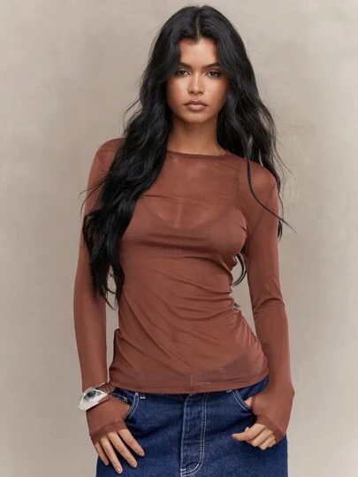 MISSGUIDED Street Sheer Mesh Thumb Hole Long Sleeve Top