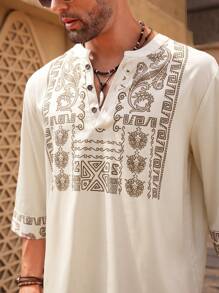 Manfinity RSRT 男士时尚印花中长袖 V 领衬衫，长款纽扣领图案衬衫，适合外出，秋季