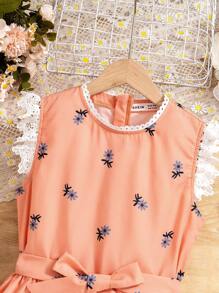 SHEIN Top semplice da decorare con cintura per ragazze dai 9 ai 14 anni con stampa casuale per l'uso quotidiano - Arancione - Visualizzare 5