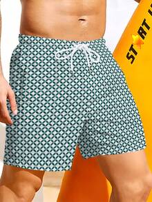 Men's Vacation Geometric Printed Drawstring Waist Loose Beach Shorts - Green - View 5