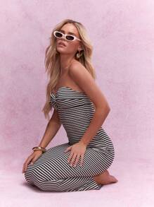 MISSGUIDED Twist Knot Detail Bust Textured Stripe Ribbed Bandeau Bodycon Maxi Dress