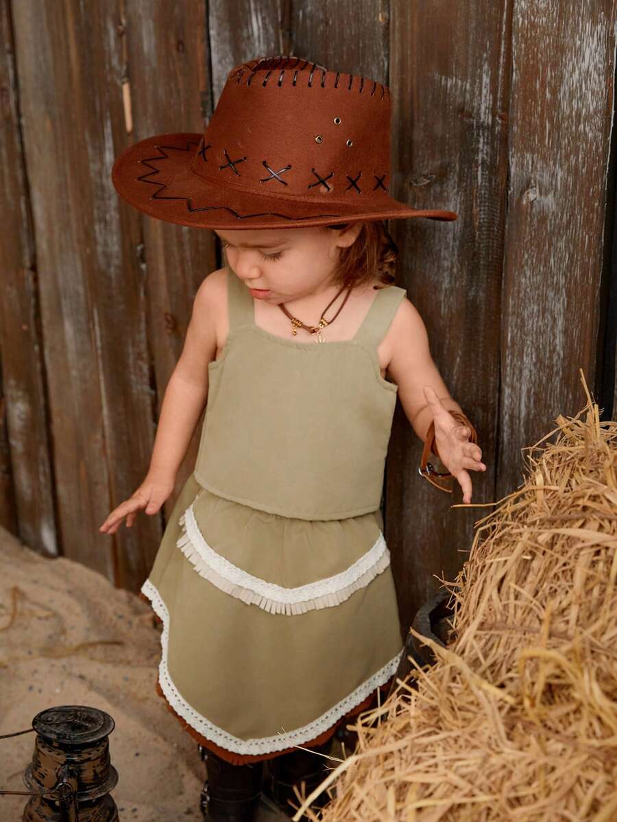 女童夏季套裝，嬰幼女士邊緣細肩帶背心和裙子套裝