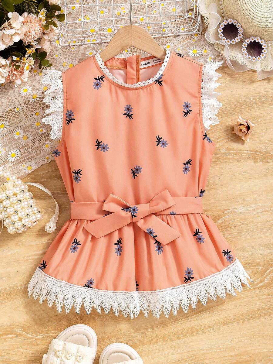 SHEIN Top semplice da decorare con cintura per ragazze dai 9 ai 14 anni con stampa casuale per l'uso quotidiano - Arancione - Visualizzare 1