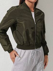 SHEIN PETITE 秋冬女士纯色拉链休闲长袖夹克 - 軍綠色 - 查看 3