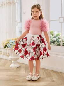 SHEIN 年輕女孩編織小花圖案大蝴蝶結連身休閒裙 - 白色 - 查看 1