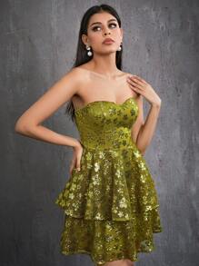 Mgiacy Strapless Shiny Double Layer Cake Dress For Parties - Green - View 4