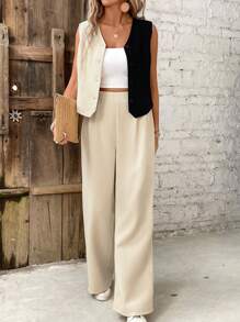 SHEIN Frenchy Women's Simple Colorblock Sleeveless Top And Long Pants Set, For Daily Wear Old Money Style Teacher Outfits  Work Women DressesTwo Piece Suit Earthy Clothes - Apricot - View 1