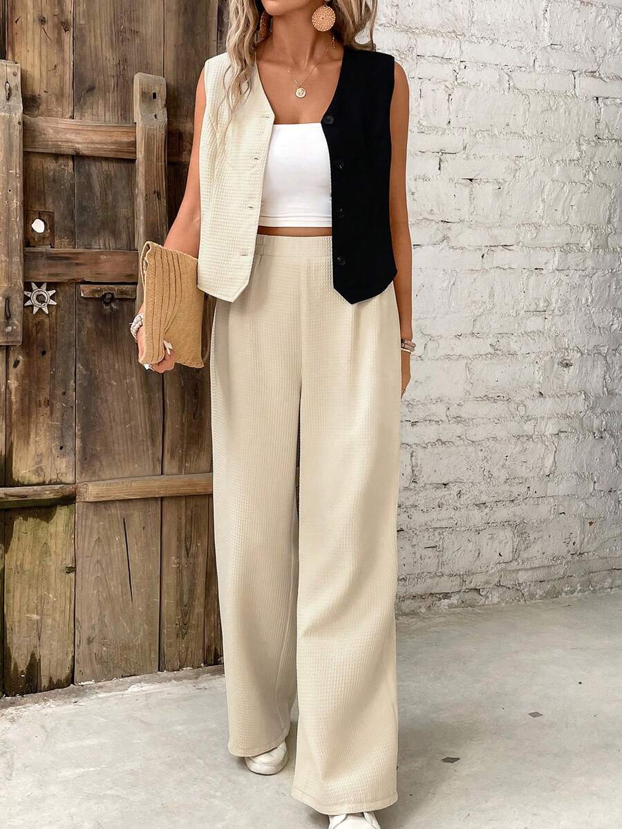 SHEIN Frenchy Women's Simple Colorblock Sleeveless Top And Long Pants Set, For Daily Wear Old Money Style Teacher Outfits  Work Women DressesTwo Piece Suit Earthy Clothes - Apricot - View 1