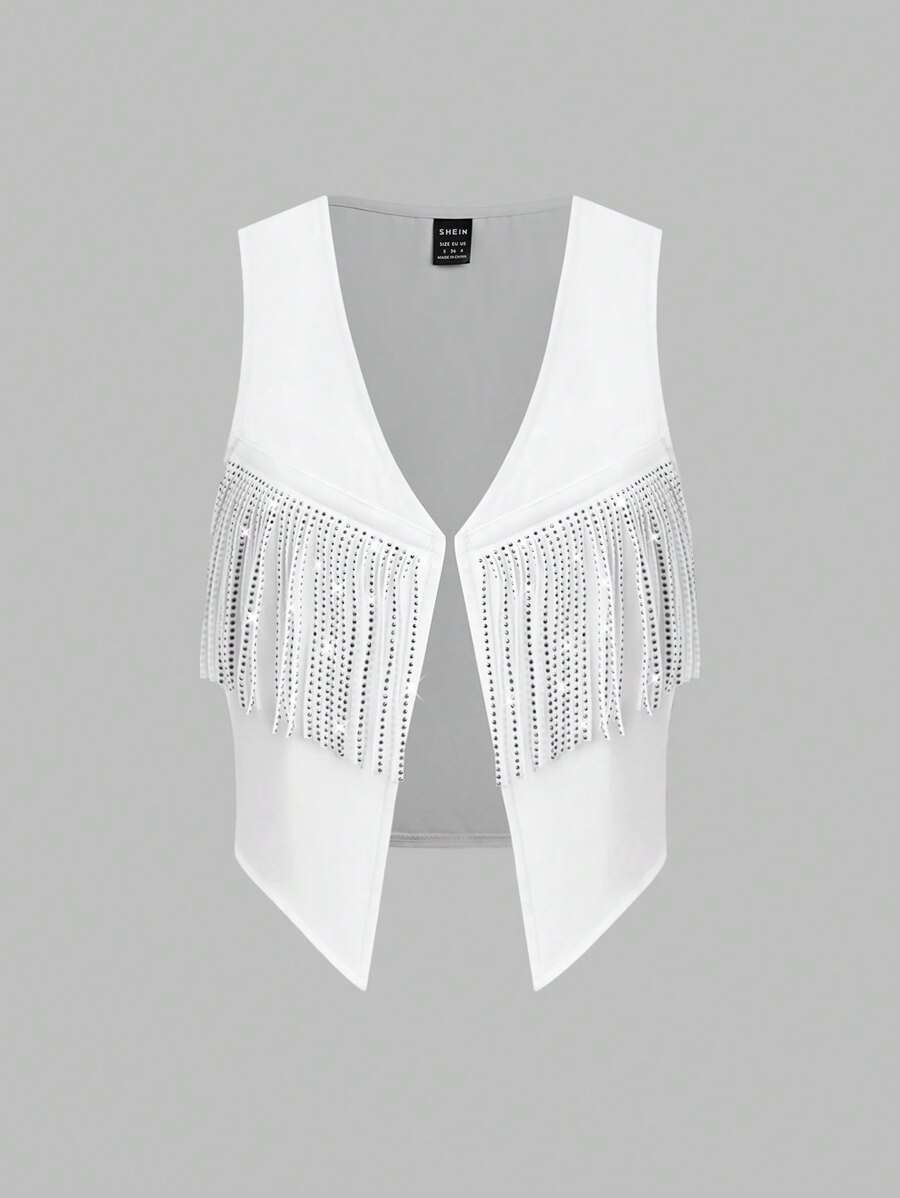 Chiquease 時尚夏季無袖外套，配有鑽石和流蘇裝飾