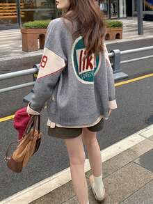 Minimalist Style Pattern Design Cardigan Jacket,Long Sleeve Tops - Grey - View 2