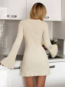 EURMUSE A-Line Mini Knit Dress With Flared Sleeves - Beige - View 2