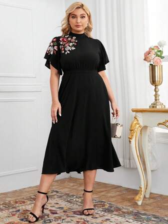 Mulvari Plus Bell Sleeve Floral Embroidered Belted Dress
