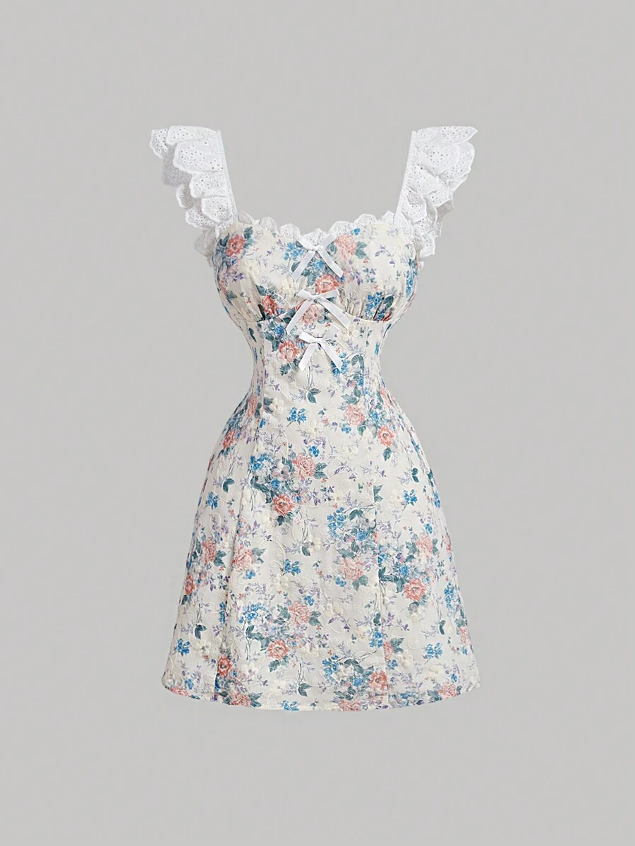 SHEIN MOD Vestido rosa vintage con volantes, bordado, romántico, de vacaciones, para verano - Vestido de flores para mujeres, atuendo de concierto country, vestido de playa, vestido floral de primavera - Rosa - Ver 1