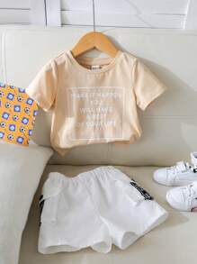 SHEIN Baby Boy/Girl Street Style Letter Printed Workwear Pocket Decorated Color Block Buckle Round Neck Short Sleeve T-Shirt And Shorts Set - Khaki - View 7