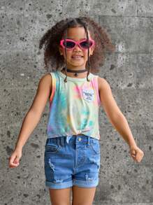 Girls' Tie-Dye Vest And Blue Denim Shorts Set, 2pcs
