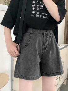 女士口袋阔腿休闲牛仔短裤 - 灰色 - 查看 4