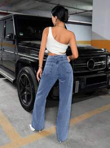 RueChic High Waist Straight Leg Jeans - Medium Wash - View 2